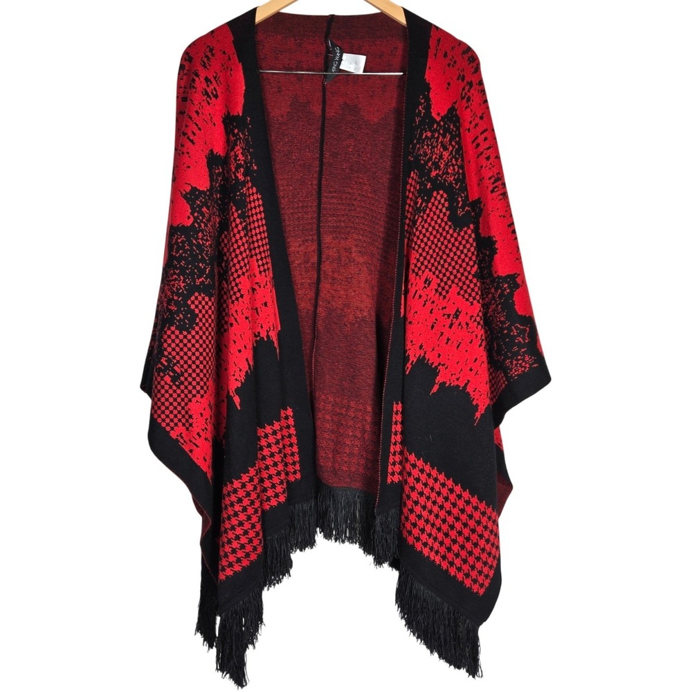 MING WANG Red Black Geometric Pattern Fringe Knit Poncho Wrap Women's